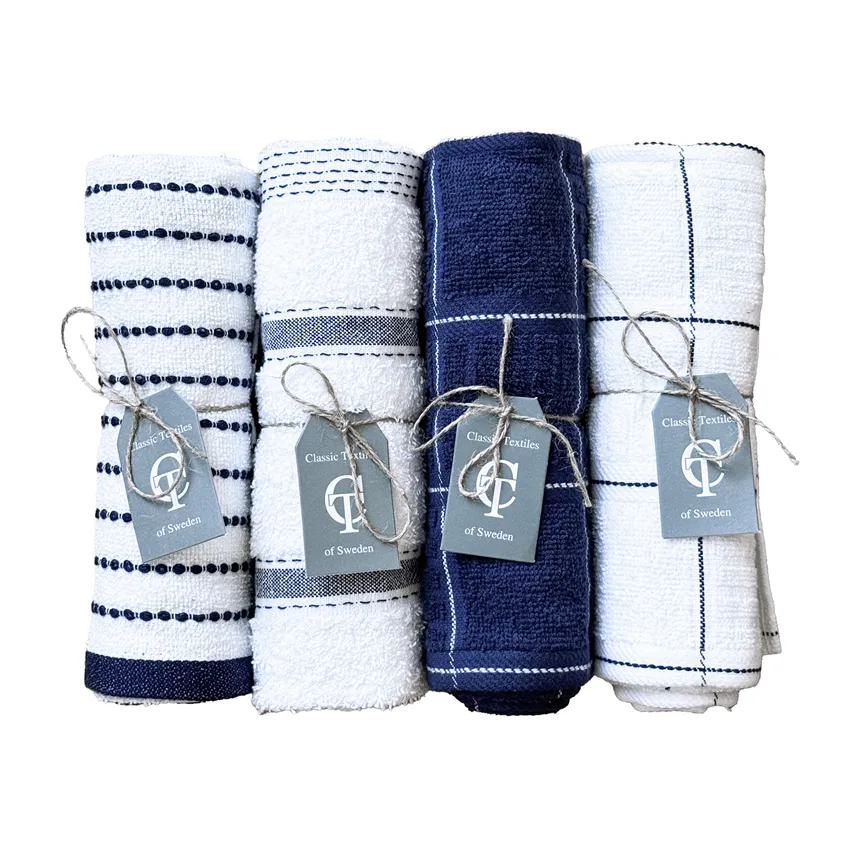  Tea Towel Visby, 4-assorted, Navy Blue/White